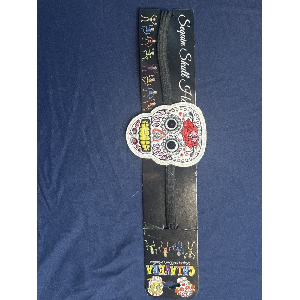 Calavera Day of the Dead Headband Sequin Sugar Skull Rose Black Elastic NWT